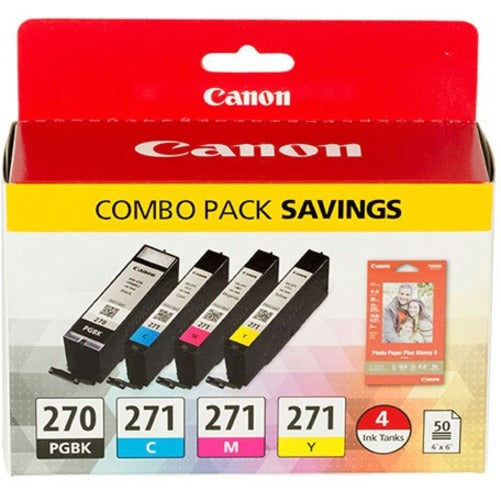 Canon PGI-270/CLI-271 ink cartridge combo pack containing black, cyan, magenta, and yellow cartridges with bonus photo paper-alternate-image1