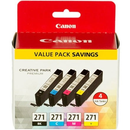 Canon CLI-271 multipack containing four ink cartridges in black, cyan, magenta, and yellow with red Canon packaging-alternate-image1