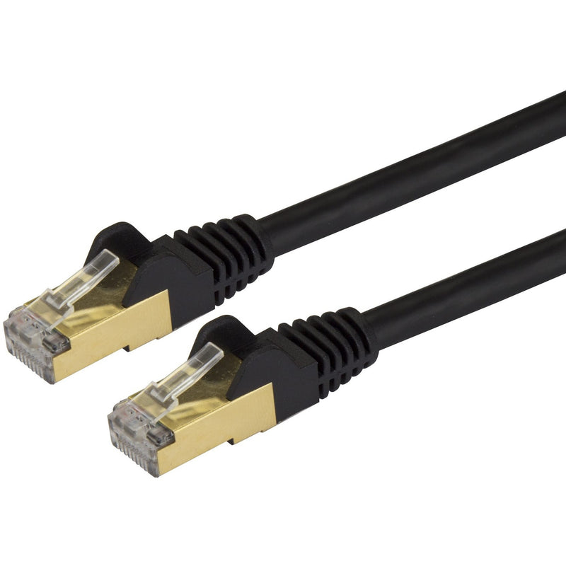 Close-up view of Cat6a cable's gold-plated RJ45 connector with snagless boot design