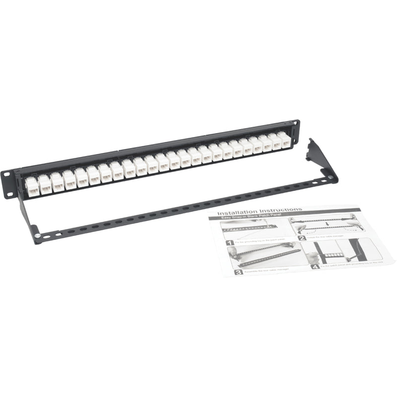 Tripp Lite Cat6a patch panel with installation instructions and mounting accessories