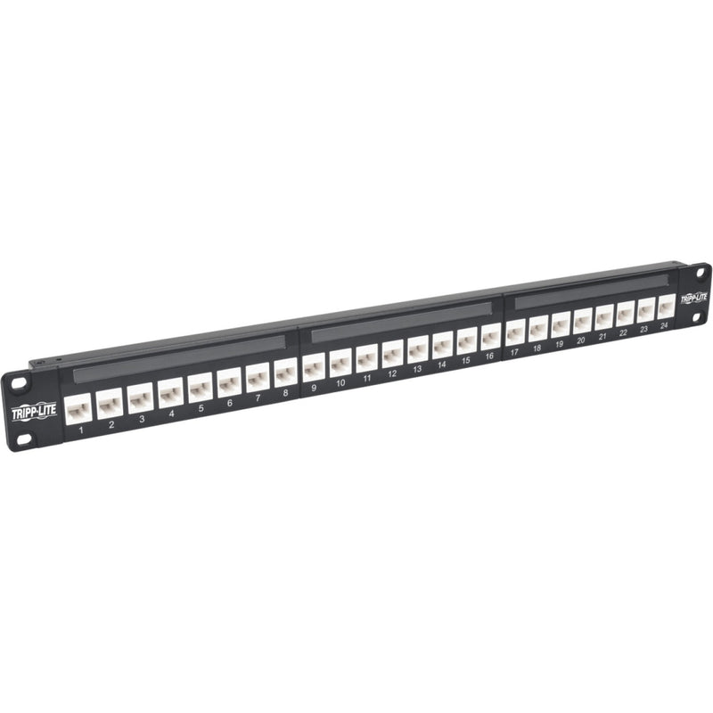 Front view of Tripp Lite 24-port Cat6a patch panel showing numbered RJ45 ports in 1U rack-mount format