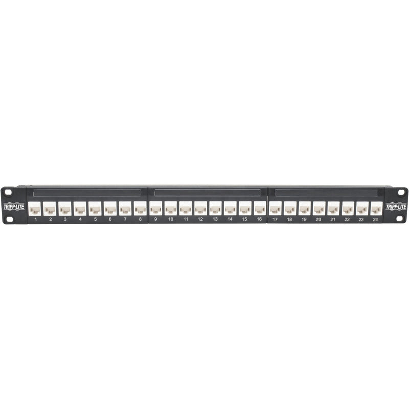 Horizontal view of Tripp Lite Cat6a patch panel showing feed-through port design