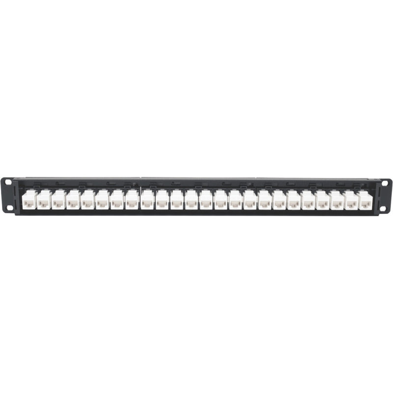 Close-up view of Tripp Lite Cat6a patch panel ports showing compact 1U design