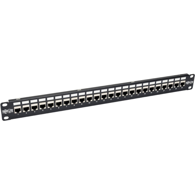 Front view of Tripp Lite 24-port Cat6a shielded patch panel with numbered ports and black metal housing