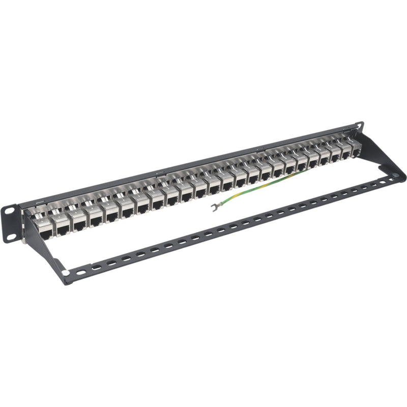 Angled perspective of Cat6a patch panel showing integrated cable management features