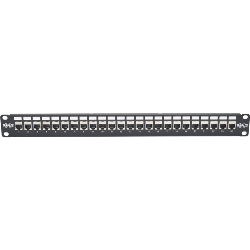 Direct front view of Cat6a patch panel showing aligned shielded RJ45 ports with clear numbering