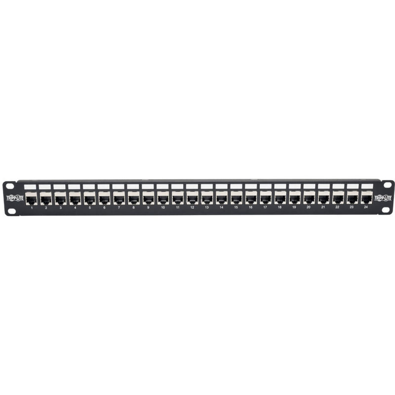 Front view of 24-port patch panel showing organized port layout and numbering system