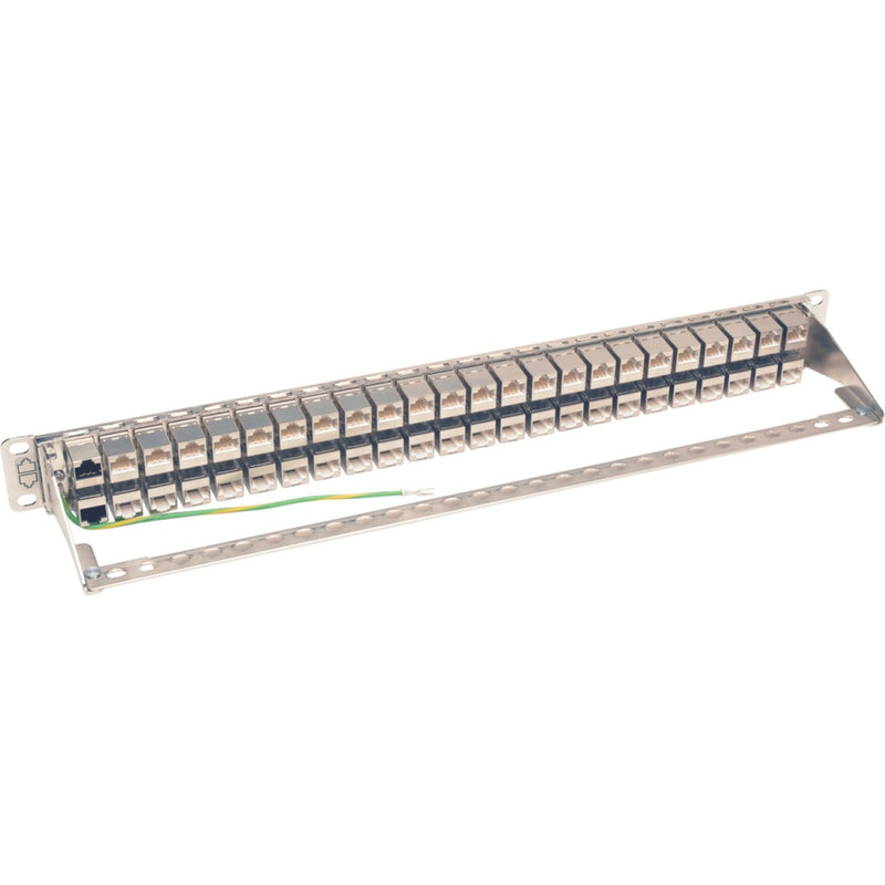 Angled view of patch panel showing mounting brackets and rack installation features