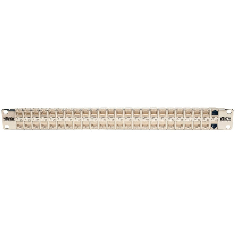 Full-length view of patch panel showing organized port layout and numbering system