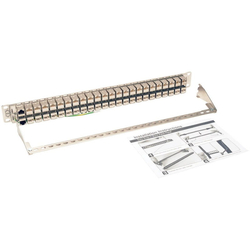 Product contents showing patch panel, mounting hardware, and installation instructions