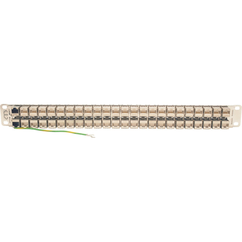 Side view of Cat6a patch panel showing integrated grounding wire and shielded construction