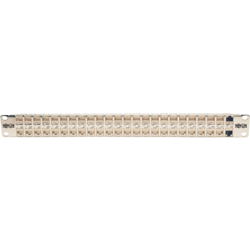 Direct view of Tripp Lite Cat6a patch panel showing dual-sided port access and feedthrough design