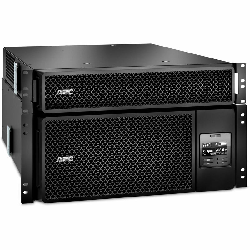 Front view of APC Smart-UPS SRT 6000VA rack-mounted UPS system with LCD display showing 208V output