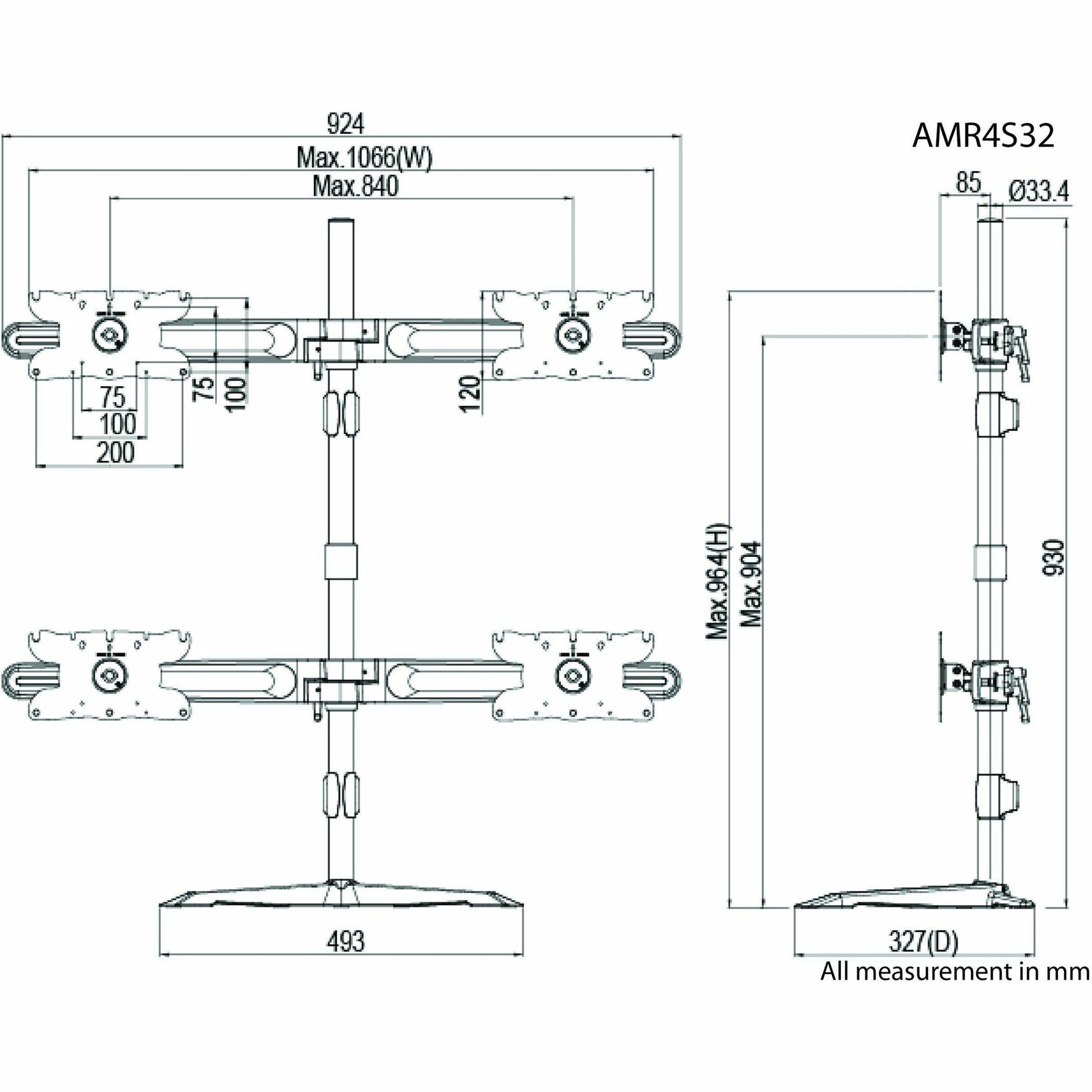 Amer AMR4S32 Quad Monitor Stand Mount Max 32", Cable Management, Adjustable Angle, Ergonomic, Tilt, Swivel, Rotate