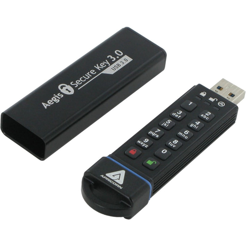 Aegis Secure Key 3.0 USB drive showing protective cap and alphanumeric keypad interface