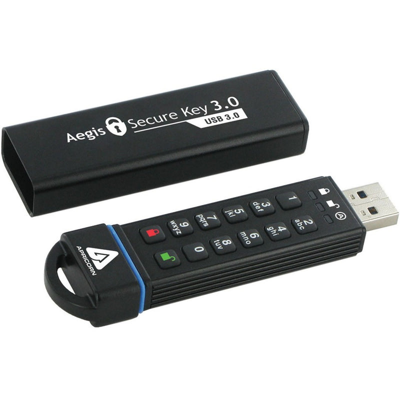 Close-up view of Aegis Secure Key showing keypad layout and protective cap