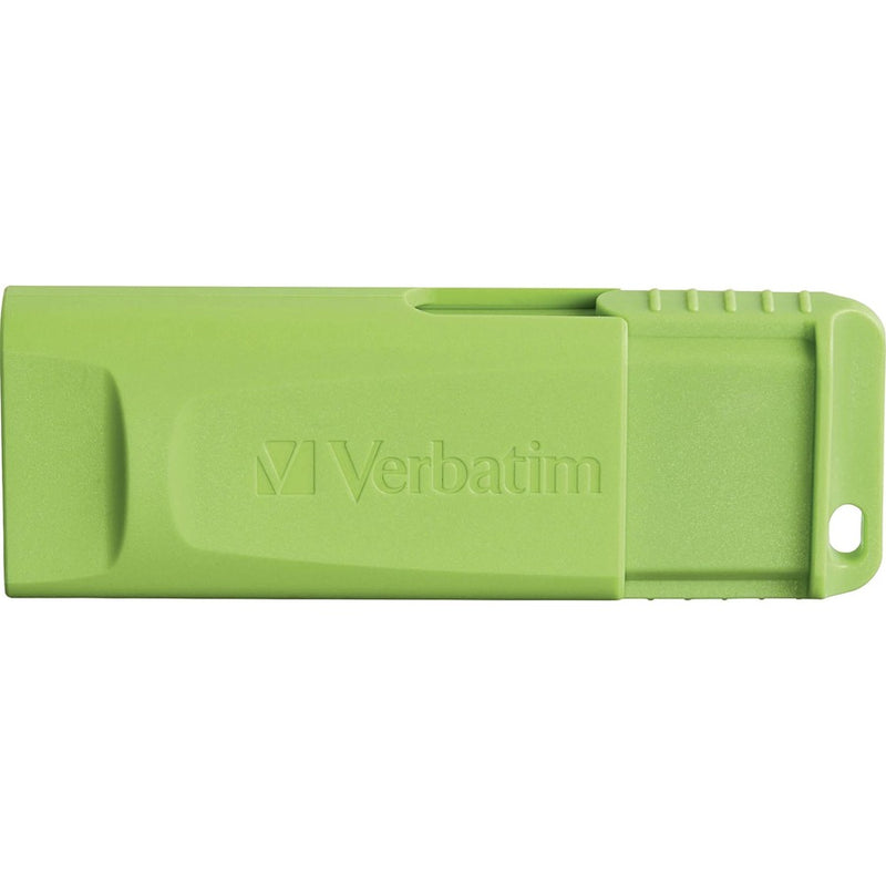 Green Verbatim USB drive showing full length profile view