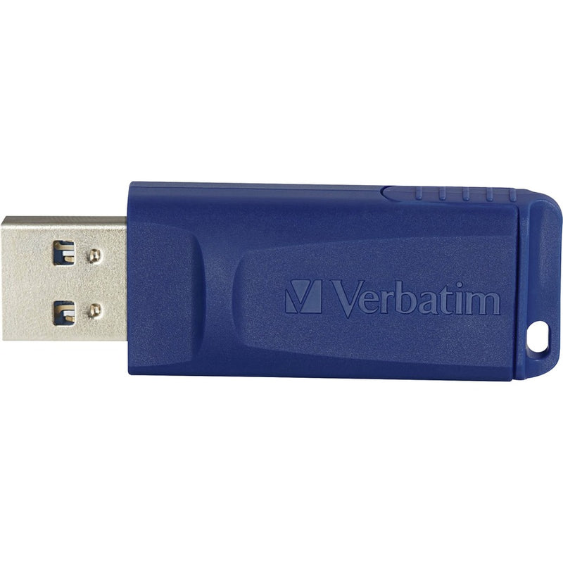 Close-up of USB connector on blue Verbatim drive