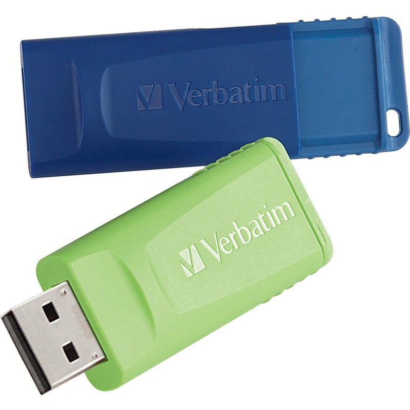 Two Verbatim Store 'n' Go USB flash drives in blue and green colors