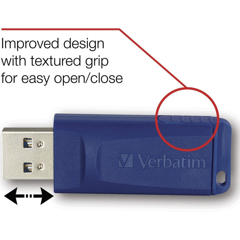 Close-up of blue USB drive showing textured grip pattern and retractable design