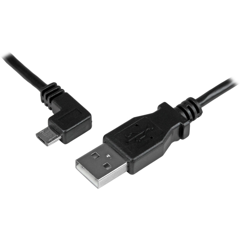 StarTech.com 2m USB to left-angle Micro-USB cable showing both connector ends with black cable