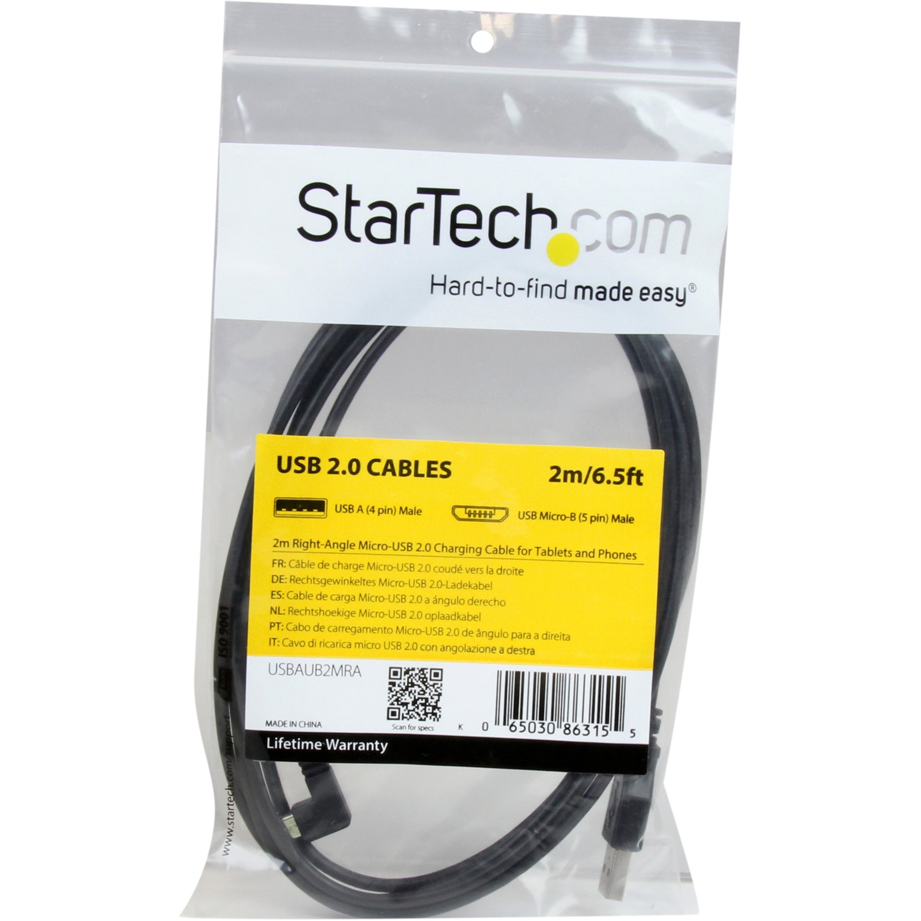 StarTech.com USBAUB2MRA Micro-USB Charge-and-Sync Cable M/M - Right-Angle Micro-USB - 2m (6ft.), USB 2.0 A to Micro USB