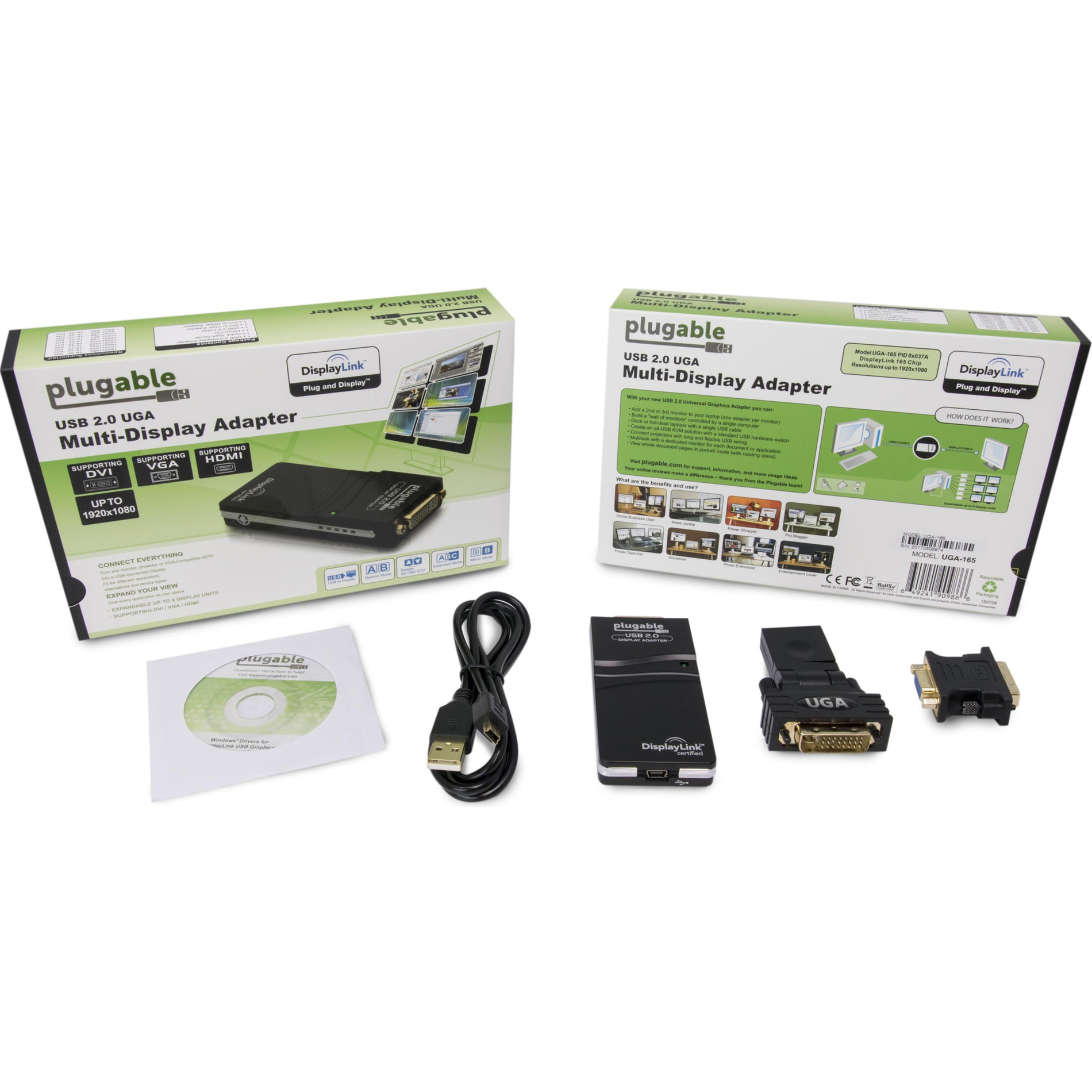 Adaptador de gráficos de video Plugable UGA-165 USB 2.0 a DVI/VGA/HDMI para múltiples monitores plug and play Marca: Plugable