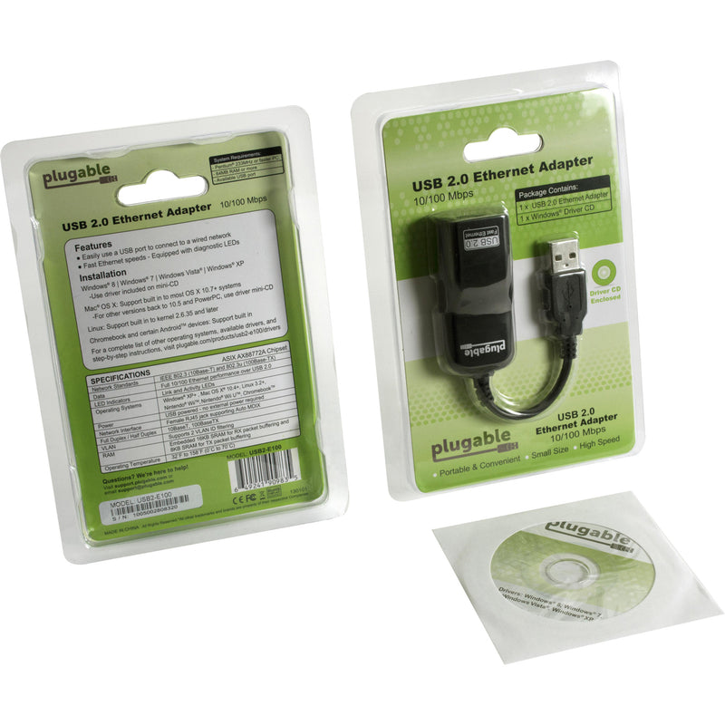 Retail packaging of Plugable USB2-E100 showing front and back views with included driver CD