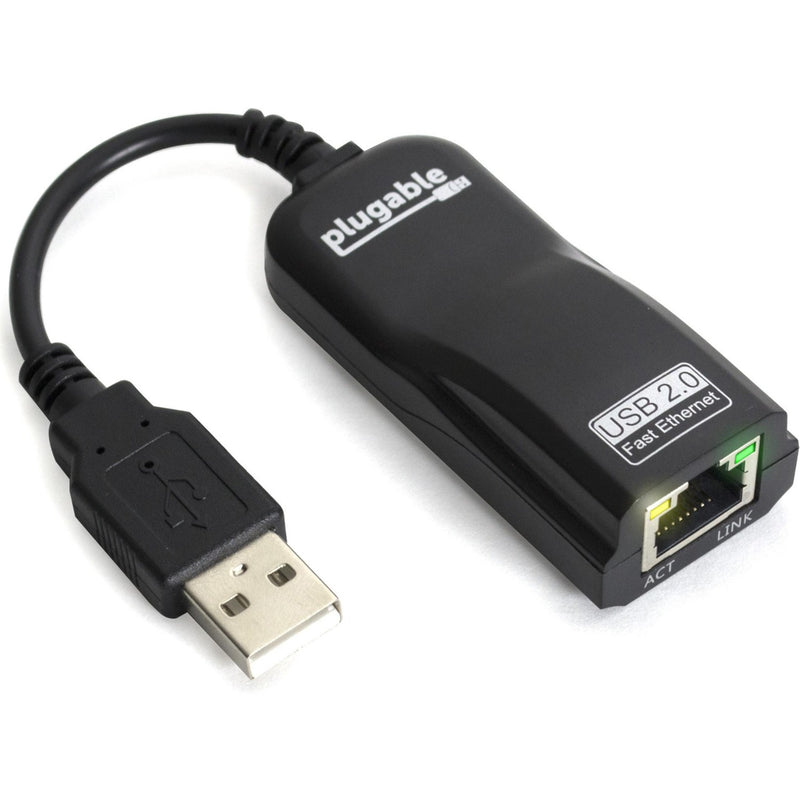 Plugable USB2-E100 USB 2.0 to Ethernet adapter showing USB connector and RJ45 port with LED indicators