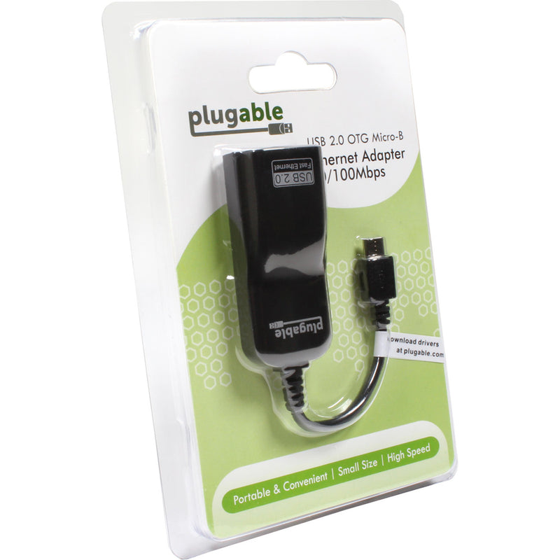 Front view of Plugable ethernet adapter retail packaging showing product features