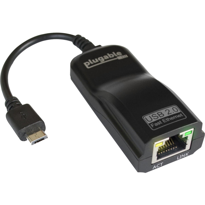 Plugable USB 2.0 OTG Micro-B to Fast Ethernet adapter showing LED indicators and RJ45 port