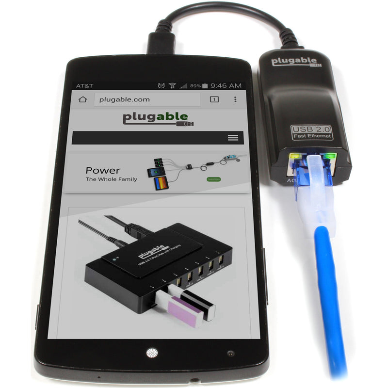 Plugable ethernet adapter connected to an Android tablet displaying the Plugable website