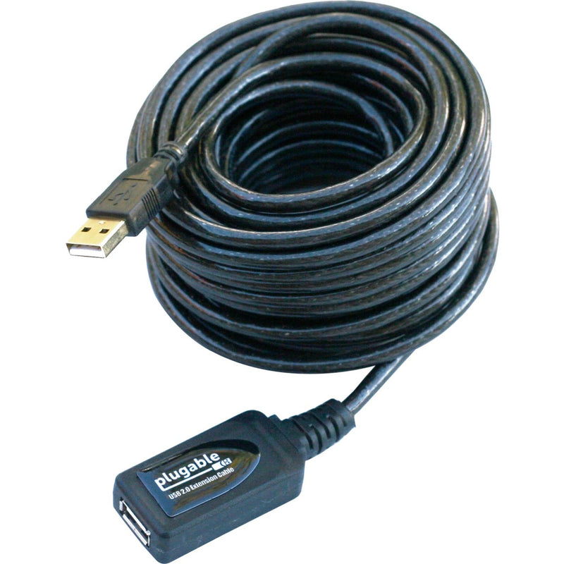 Plugable USB 2.0 active extension cable coiled showing 32-foot length with male USB connector and female repeater end