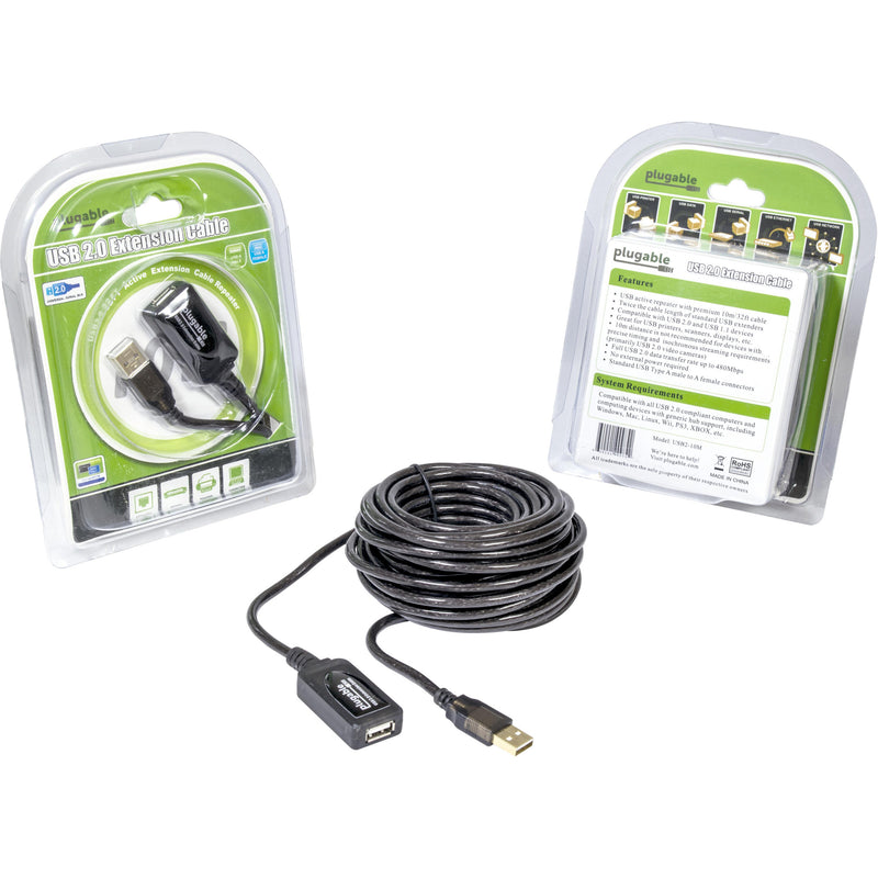 Plugable USB extension cable retail packaging showing product features and specifications with cable displayed