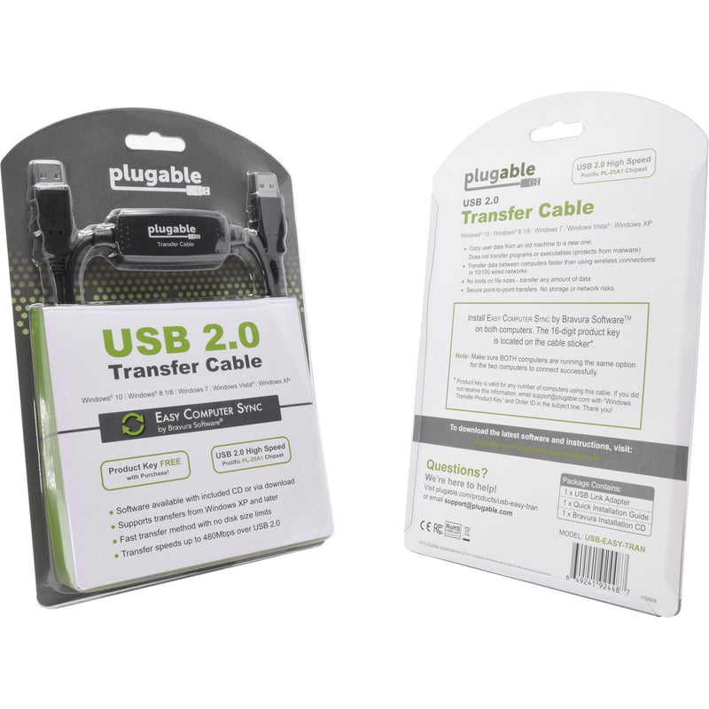 Plugable Transfer Cable retail packaging showing product features and contents