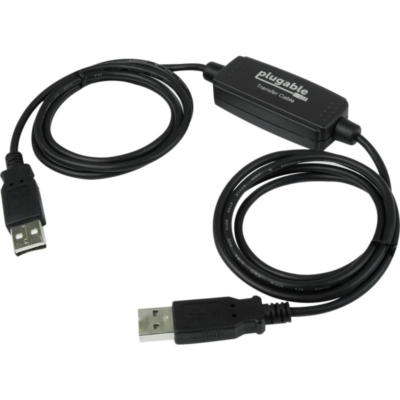 Plugable USB 2.0 Transfer Cable showing the central bridge unit and dual USB connectors