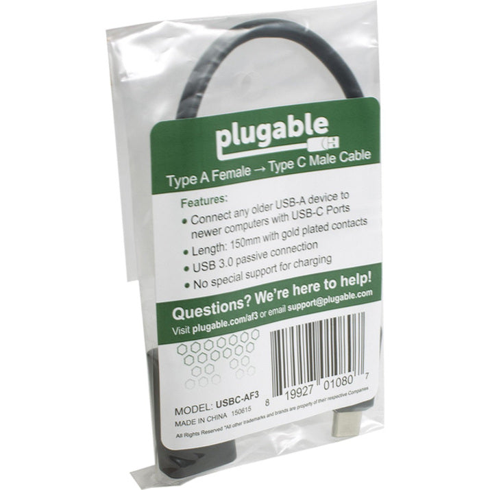 Retail packaging of Plugable USB-C to USB-A adapter showing product features and specifications