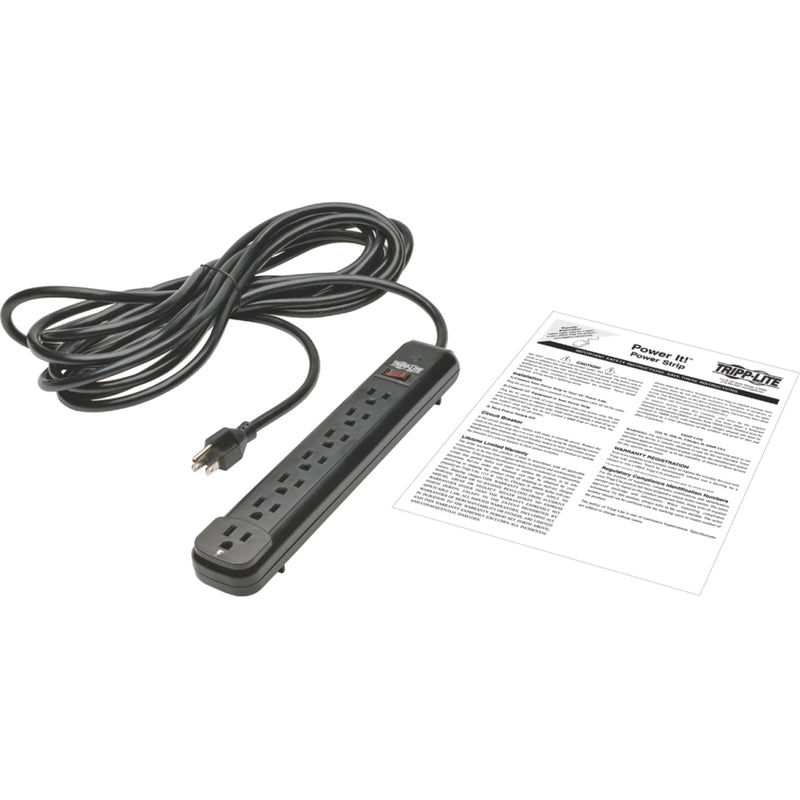 Full view of Tripp Lite PS725B power strip with 25ft cord and manual