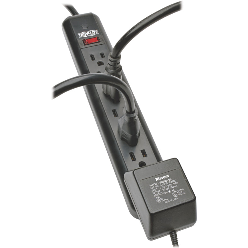 Close-up of Tripp Lite PS725B power strip showing transformer-spaced outlets