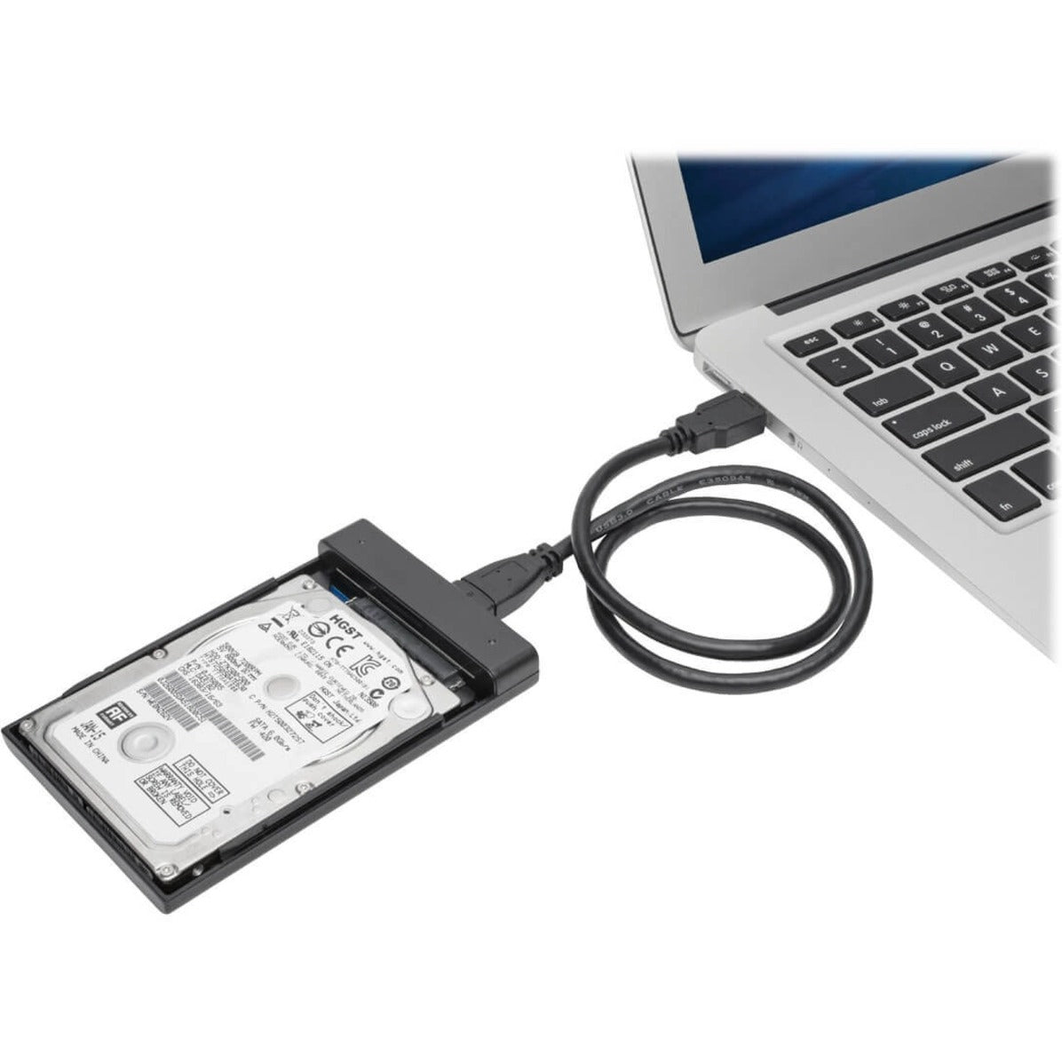 Tripp Lite hard drive enclosure connected to laptop via USB cable, showing practical usage-alternate-image2