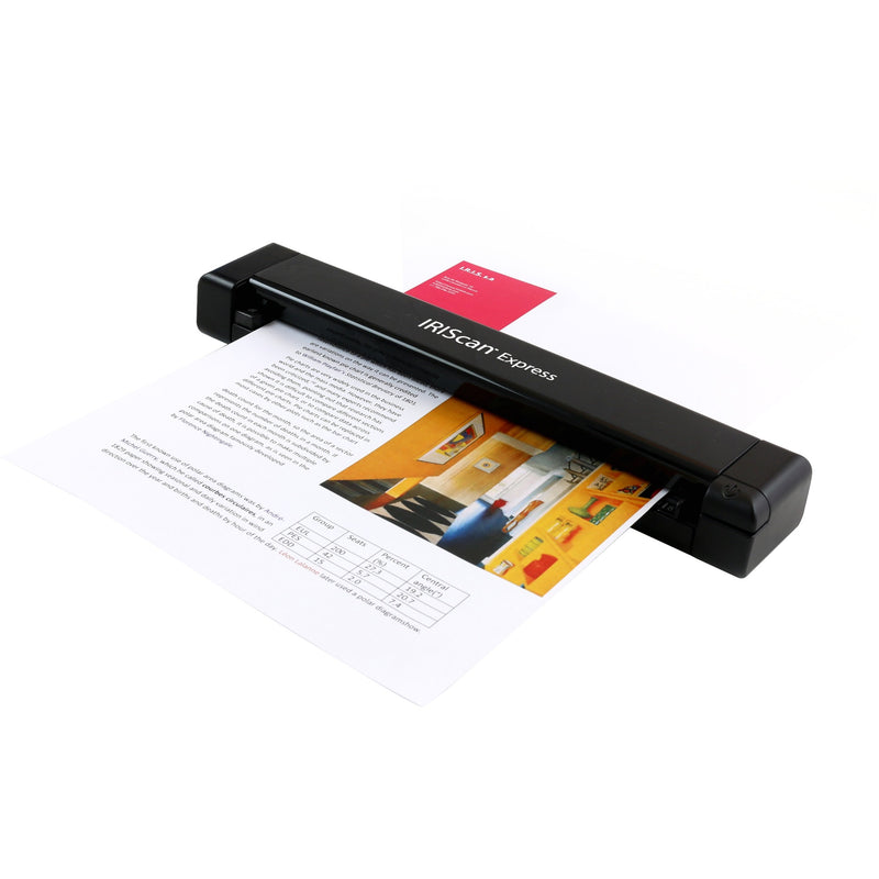 IRIScan Express 4 portable scanner scanning a document with colored images and text