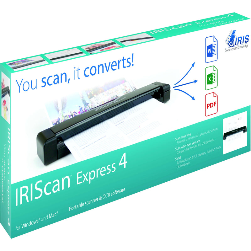 IRIScan Express 4 product packaging showing multi-format conversion capabilities