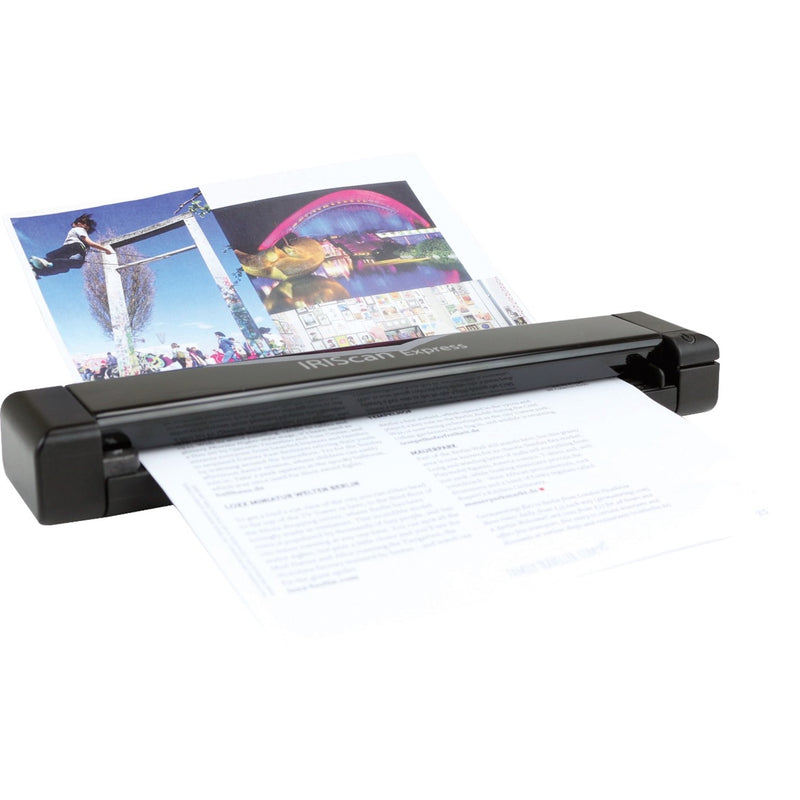 IRIScan Express 4 scanner shown scanning photographs and documents simultaneously