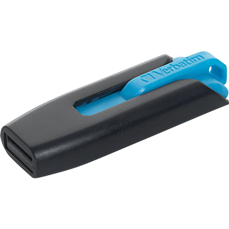 Side profile of blue-accented Verbatim USB drive