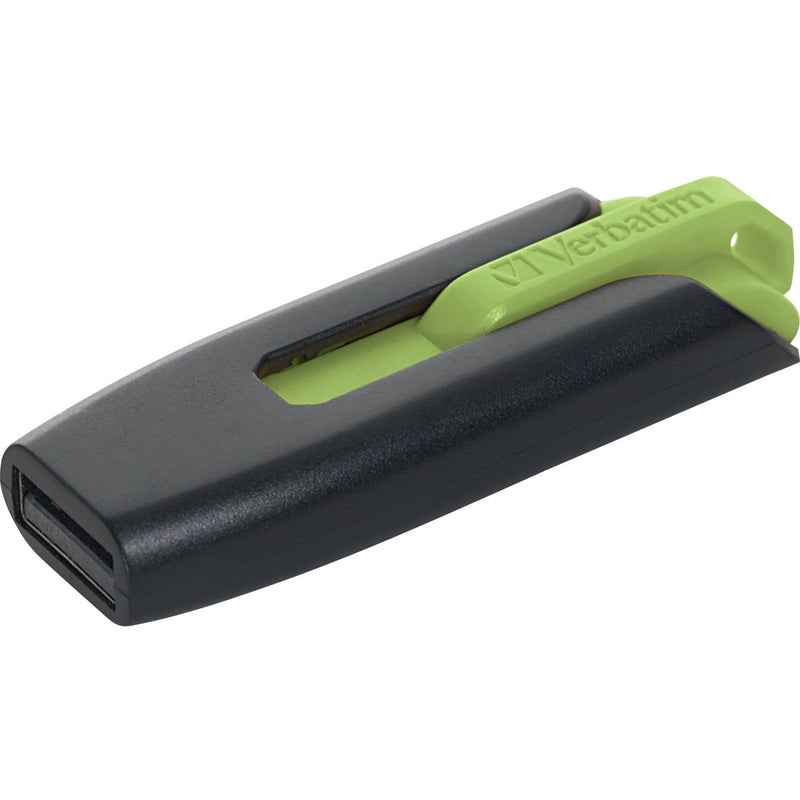 Side profile of green-accented Verbatim USB drive