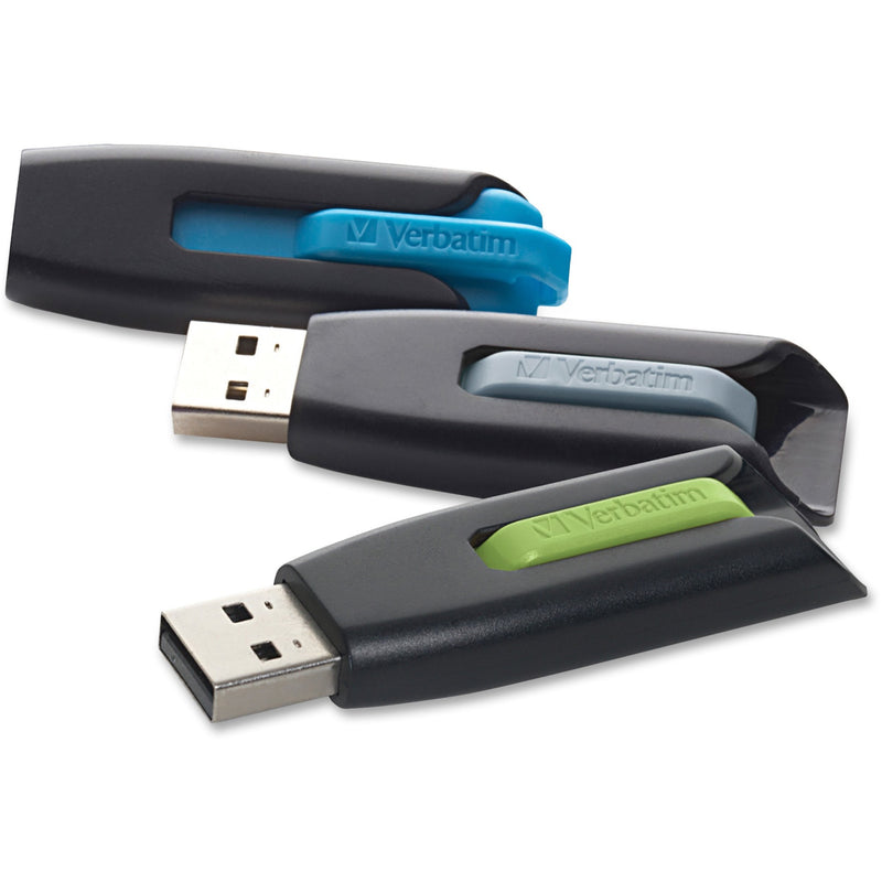 Three Verbatim Store 'n' Go V3 USB flash drives arranged showing blue, gray, and green accents