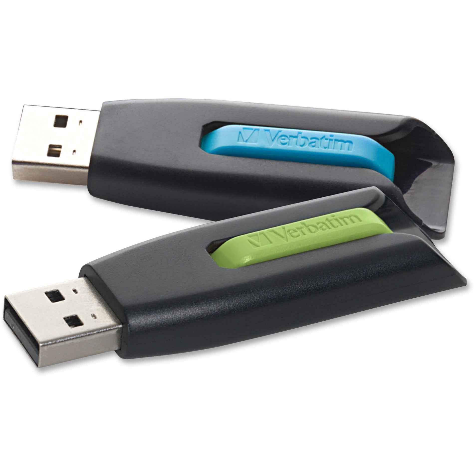 Two Verbatim Store 'n' Go V3 USB drives in black with blue and green sliding mechanisms side by side-alternate-image1