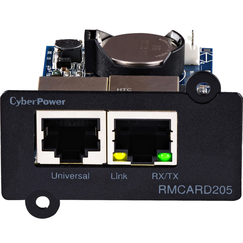 Front view of CyberPower RMCARD205 showing dual RJ-45 ports with Universal and Link connections and status LEDs