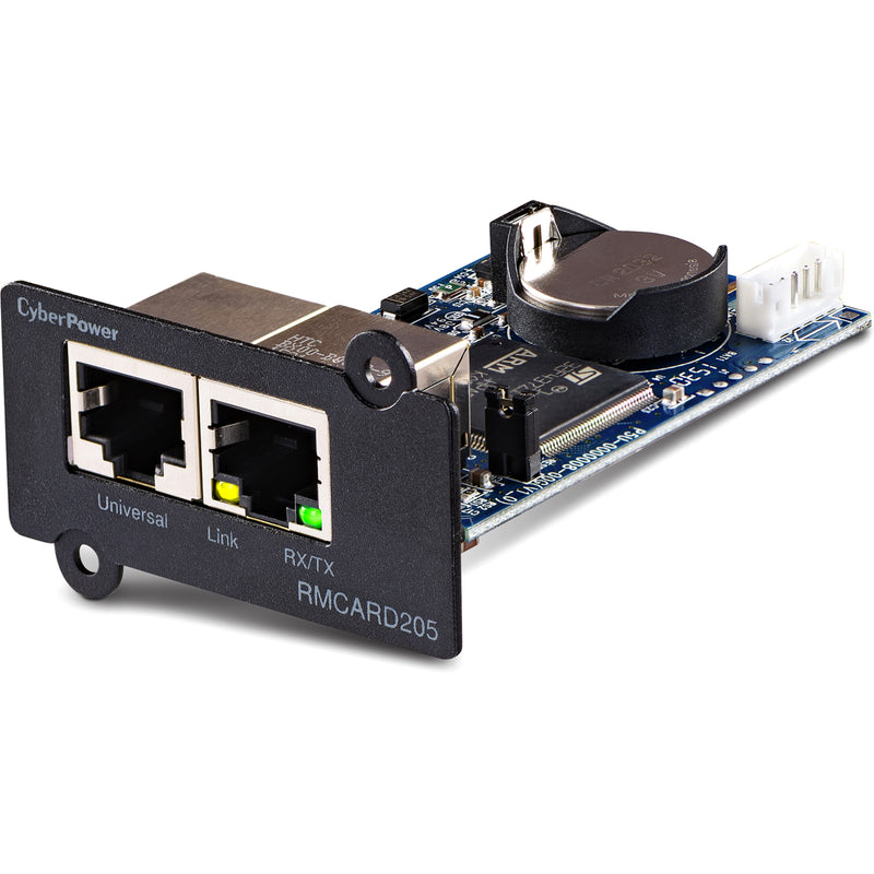 Angled view of RMCARD205 network management card showing circuit board components and mounting design