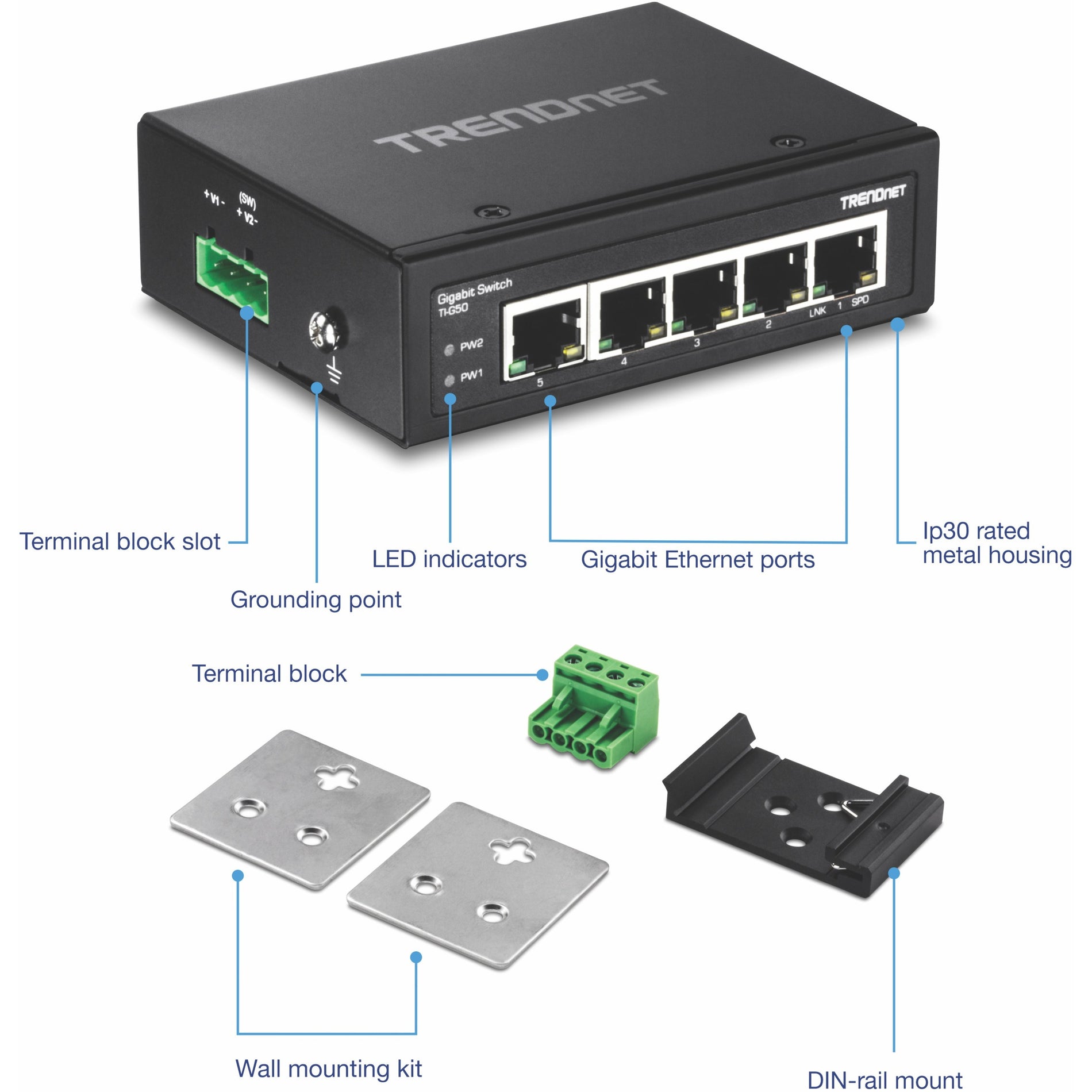 TRENDnet TI-G50 5 puertos endurecidos Industrial Gigabit Switch 10 Gbps Capacidad de Conmutación Clasificación IP30 Network Switch (-40 a 167 ?F) DIN-Rail & Montajes en Pared Incluidos Protección de por Vida Negro